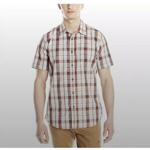 PrAna Tamarack Button Up Shirt XXL 2XL Organic Cotton Rust Orange Plaid